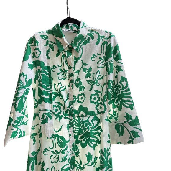 Zara Green & White Floral Print Midi Shirt Dress Size M - Picture 4 of 4